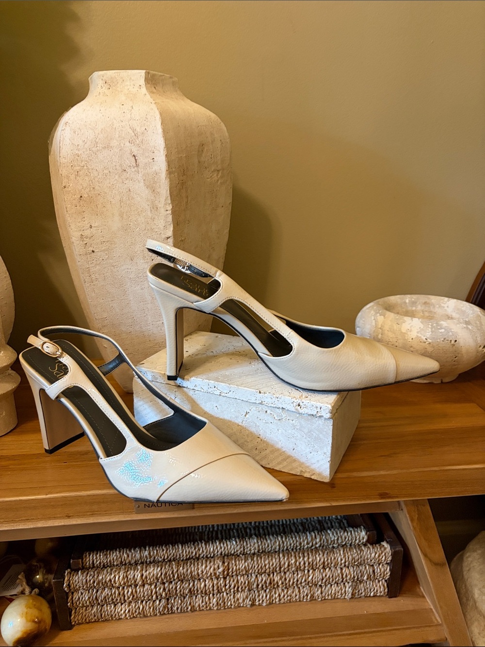 Franco Sarto Cream Patent Pointed Slingback Heels - Picture 3 of 17